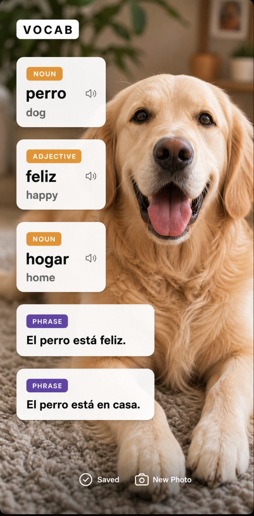 Sap Sap app vocabulary result screen from a golden retriever photo