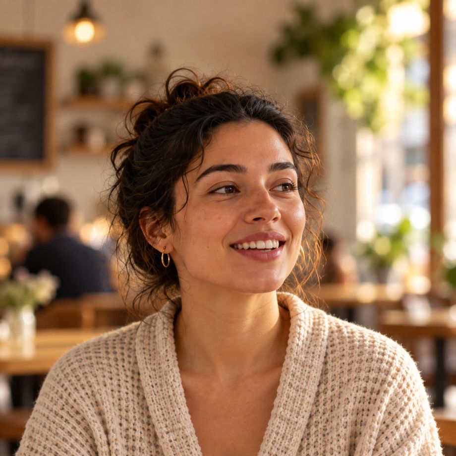 A learner in a café, head turned, wearing glasses and a mustache